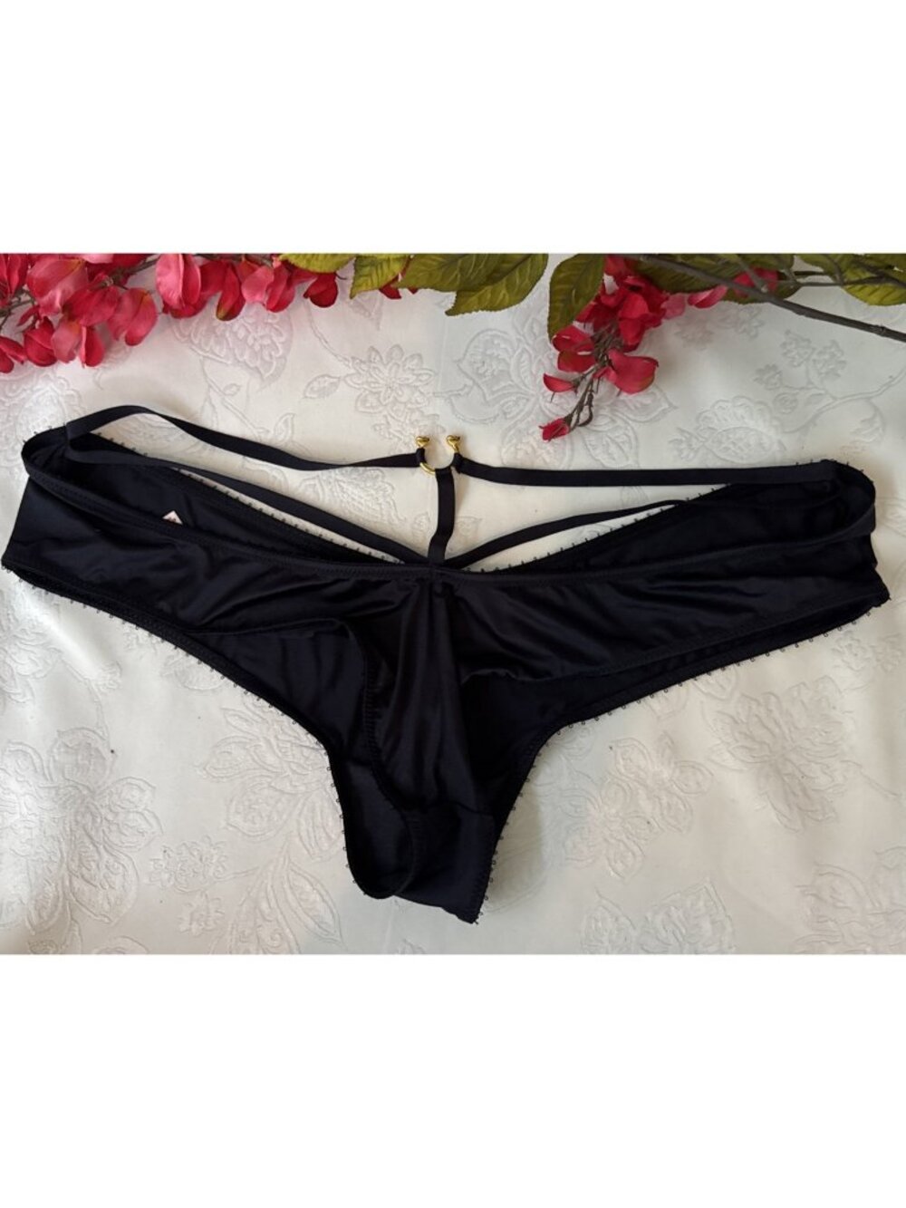 VICTORIA'S SECRET M BLUE GOLD CHARM VERY SEXY SILKY CHEEKY LOW RISE PANTIES NWT